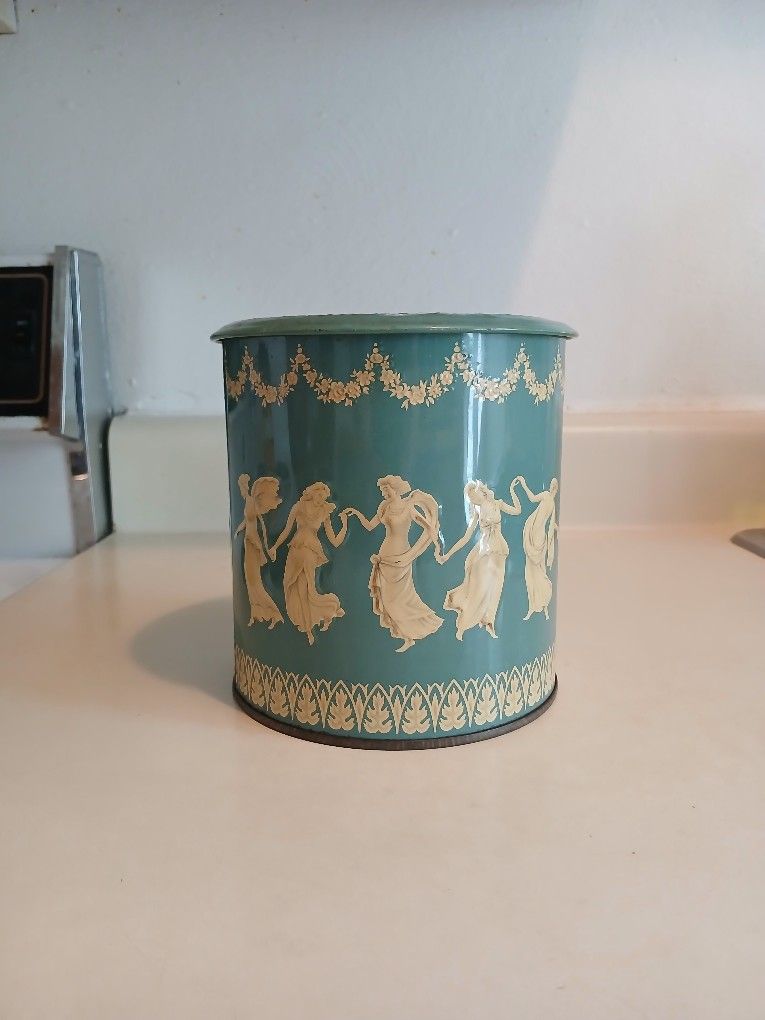 VINTAGE BLUE WHITE DANCING GODDESSES TIN