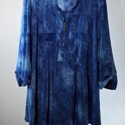 Blue Zip Front Top Three Quarter Sleeve Flowy Blouse Plus Size 3X