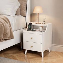 Wood Nightstand 15.7" Wide Narrow Bedside Table with 2 Drawer and Large Storage Solid Wood End Table Open Shelf & Cable Hole Modern Cabinet HILLCREST