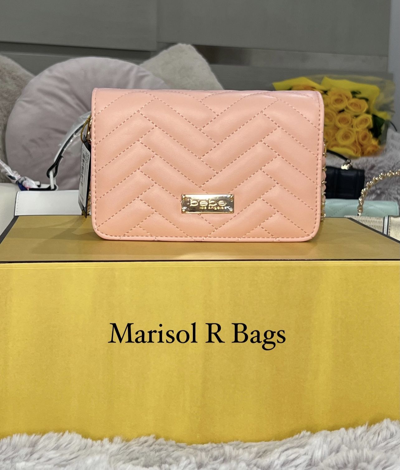 Bebe Sophia Small Crossbody Quilted Handbag Chain Purse Shoulder Bag Blush