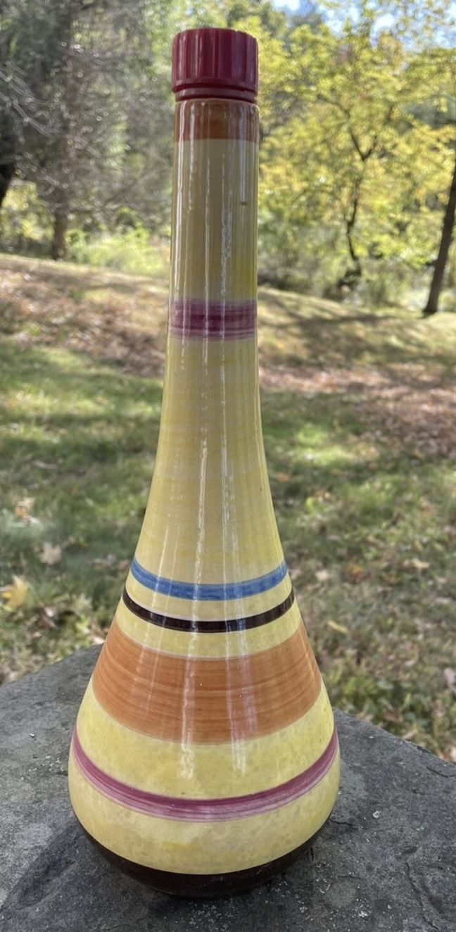 SECLA Hand Painted Striped Vase Portugal Ceramic Bottle Jug 12.5" Vintage