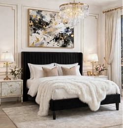 Allewie Full Size Velvet Bed Frame/Vertical Channel Tufted Wingback Headboard/Upholstered Platform Bed/Strong Wooden Slats/No Box Spring Needed/Easy A