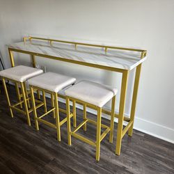 Gold Faux Marble Bar Table W/Stools Set