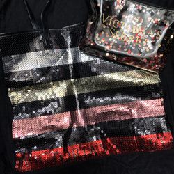 Gently Used Victorias Secret Sequin Tote Bag With Matching Make Up Pouch 