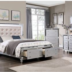 Brand New Silver 4pc Queen Bedroom Set (Available In California & Eastern King Size)