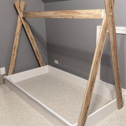 Kids Youth Twin Bed Frame, Natural Wood & White