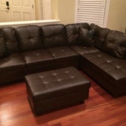 Brown Leather Sectional Couch And Ottoman