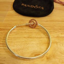 Pandora Authentic Brand New Sterling Silver 7.5 Inch Rose Gold Signature T Bar Bracelet With Pouch 
