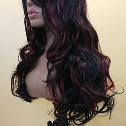 Long Red with Black Wavy Wig