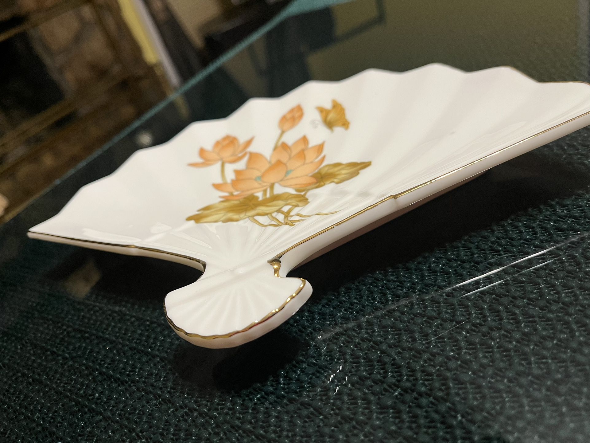 Vintage Porcelain Fan Shaped Trinket Tray Candy Dish Lotus Butterfly Japan 9.5”