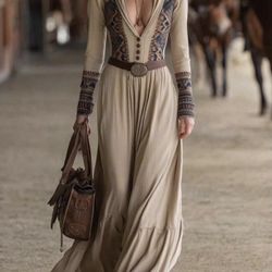 V-Neck Vintage Women's Dress With  Print, Countryside And Boho Style, Long Sleeves, Cotton