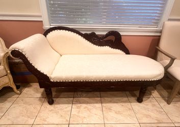 Vintage Cherry Wood Couch with Ivory Cushions
