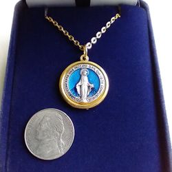 3/4 Inch Diameter Two Tone and Blue Enamel Miraculous Medal on an 18-inch Gold Plated Chain.