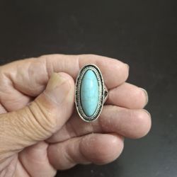Vintage Oval Blue Inlaid Faux Turquoise Ring With Silvertone Band Size 6.75-7