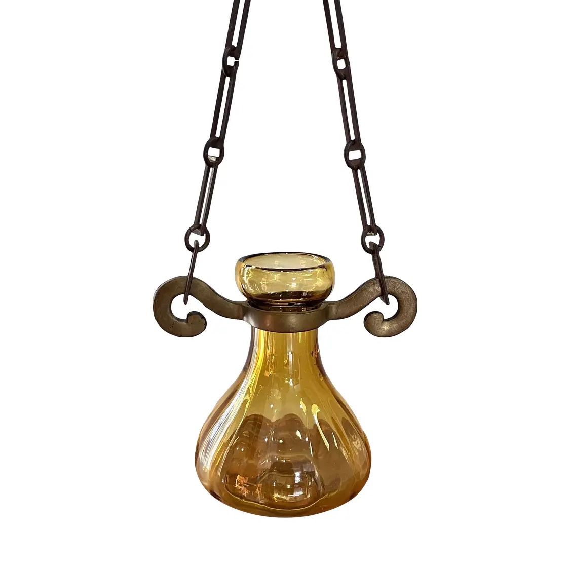 Rare Antique Art Glass Amber Hyacinth Bulb Forcer Hanging Plant Flower Vase With Raw Brass Holder & Chain Inside Outside Wall Decoration Rare