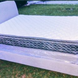 QUEEN SIZE MATTRESS SET WITH GRAY CLOTH COVERED BED FRAME