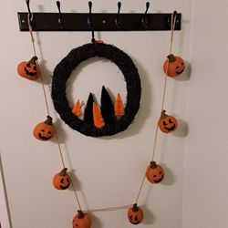 8 Hanging Cloth Pumpkins On A Rope And One 15" Wide Halloween Decor Wreath Both For 1 Price (They Are In Excellent New Condition)