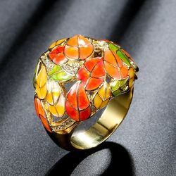 Chinese Style Hand-Painted Fall Leaves Retro Ring - Size 5