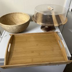 All WOODEN Bowl , Tray and Cake Stand for 3$