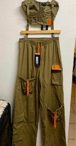 Women’s PrettyLittleThing Brand Olive Drab Cargo Pants With Bright Orange Drawstring Toggles Size 8