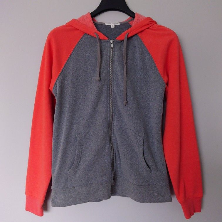 Threads 4 Thought Raglan Colorblock Full Zip Hooded Fleece Jacket Size S Grey/Orange 
