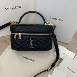 Yves Saint Laurent Black Quilted Leather Vanity Crossbody Bag with Top Handle, Gold Hardware