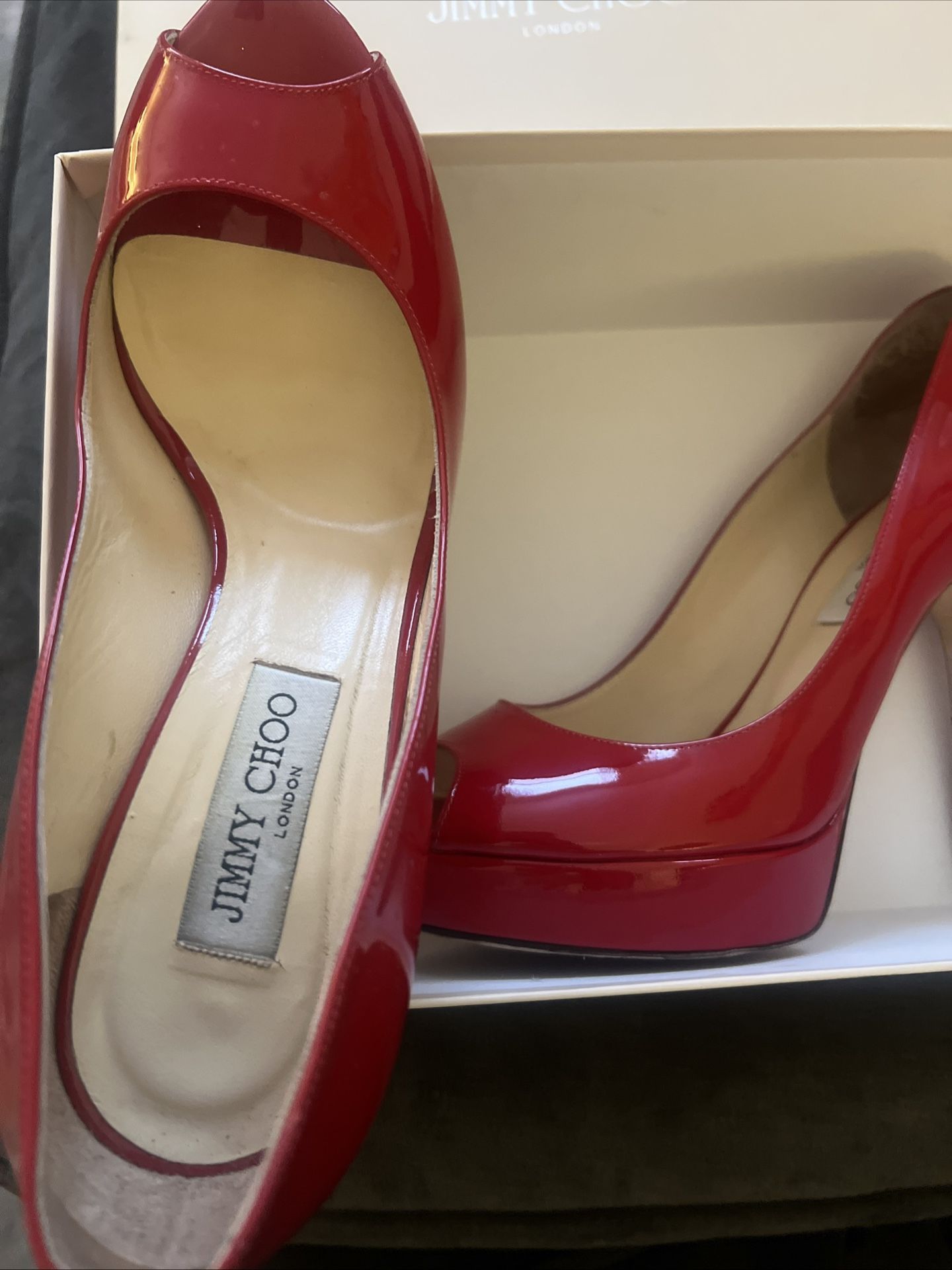 Jimmy Choo Red Peep-Toe Platforms 40