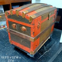 Antique Trunk / Antique Camelback Trunk / Orange & Gold Antique Chest