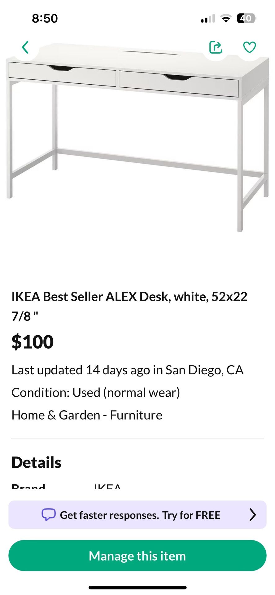 IKEA Best Seller ALEX Desk. Free Delivery. 52 X 22
