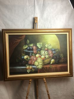 Fruit Arrangement Still Life With Gold And Walnut Wood Frame, Large Wall Art 24x36” Ready To Hang