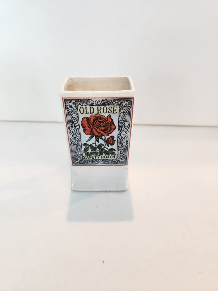Old Rose Safety Match Vtg PORCELAIN MATCH BOX HOLDER STICK MATCHES WHITE RED ROSE SMALL