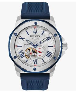 Bulova Men's Marine Star 'Series A' Automatic Stainless Steel Case with Blue Textured Silicone Strap, Open Aperture, Silver White Dial Model: 98A225