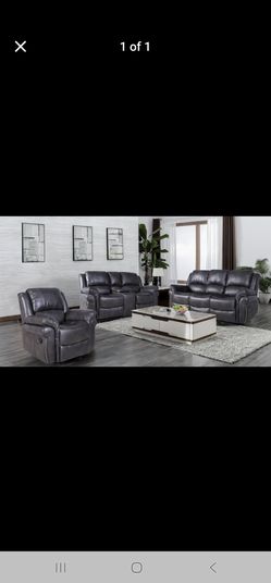 Brand New Grey 3pc Faux Leather Sofa Set with Nail Head Trim