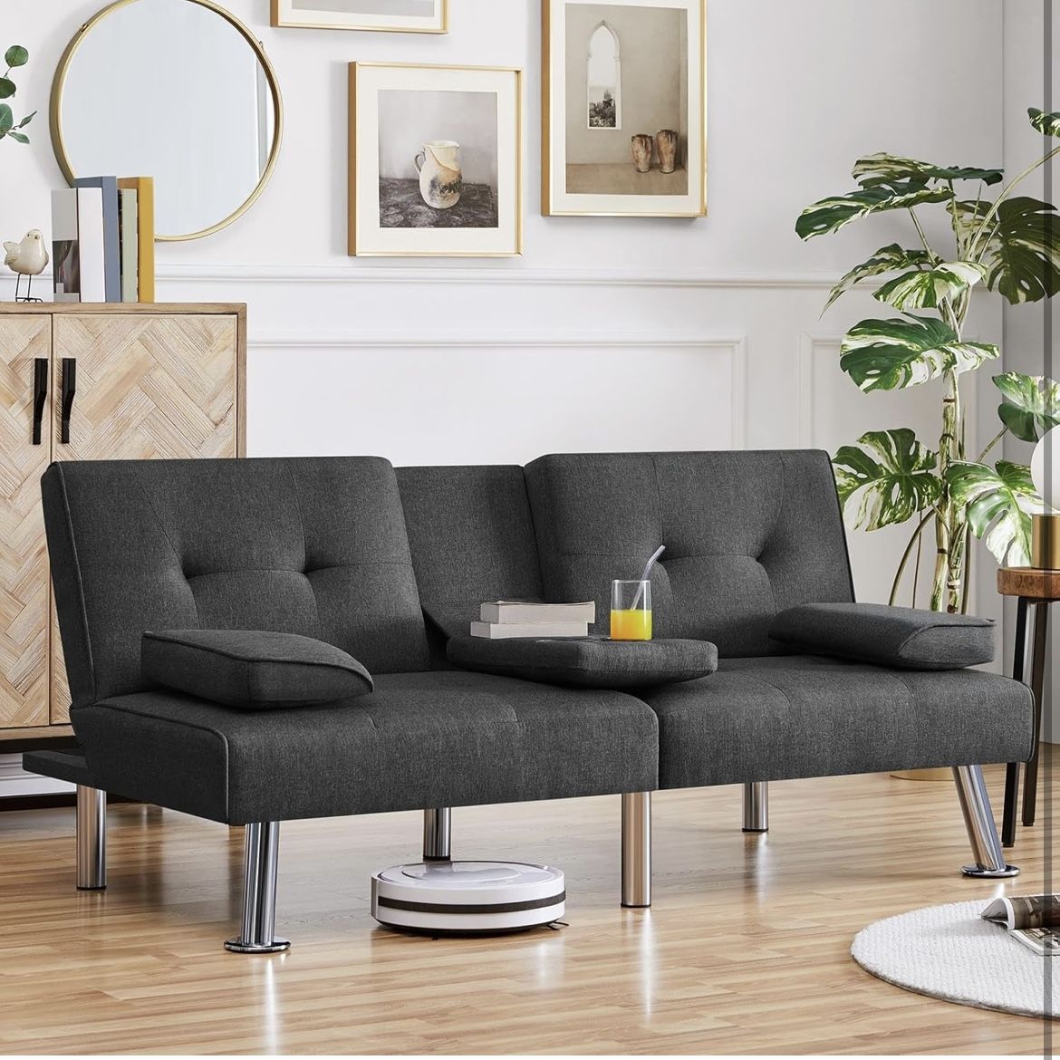 Convertible Sofa Bed Adjustable Fabric Couch Sleeper Modern Recliner Reversible Loveseat Folding Daybed Guest Bed, Removable Armrests, Cup Holders, 3 