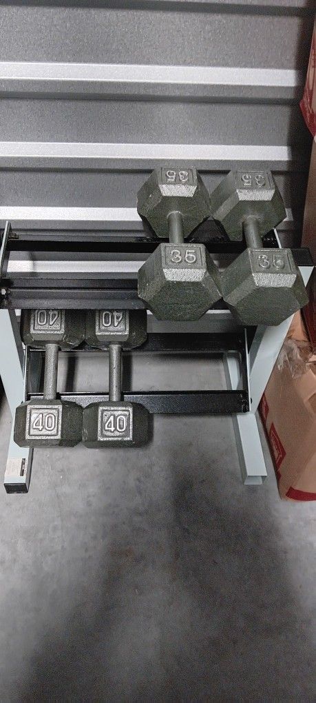 Cast Iron Dumbell (2) Sets 35lb & 40lb and Rack