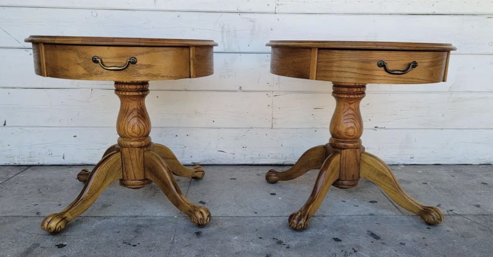 Vintage set of 2 Victoria Style Oak Wood Drum Side Table With Carved Claw Feet And Single Drawer By Polanski Furniture
