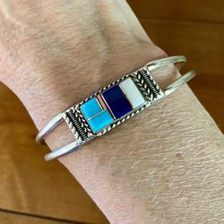 Vintage Native American Sterling Silver Multistone Inlay Cuff Bracelet size 7”