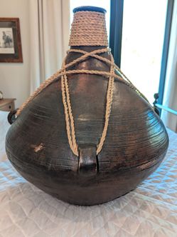 Huge 22" Vintage Tarahumara Indian Water Jug Olla Pottery - Intact Rope Harness