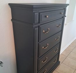 Dark Gray Tall Dresser with Brass Hardware
