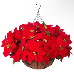 Open Box Ammyoo Artificial Christmas Poinsettia Flowers Hanging Basket for Outdoor Decoration, Fake Silk Christmas Flowers Plant Pot Planter for Garde
