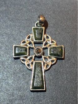 Vintage Irish Sterling Connemara Marble Marcasite Celtic Cross Pendant