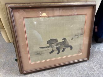 “Puppy Carrying a Pheasant Feather” Vintage Framed Korean Silk Painting