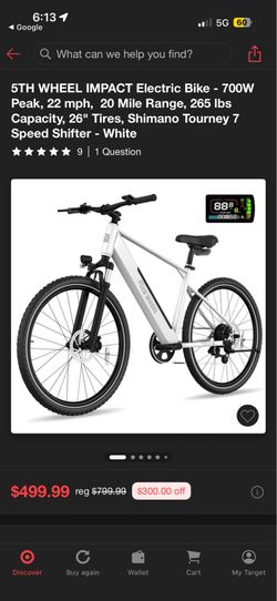 5TH WHEEL IMPACT Electric Bike - 700W Peak, 22 mph, 20 Mile Range, 265 Ibs Capacity, 26" Tires, Shimano Tourney 7 Speed Shifter - White