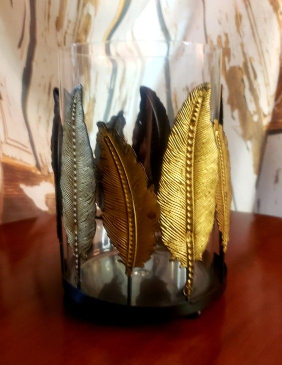 Gold Metal Feathers/Leaves With Glass Candle Holder