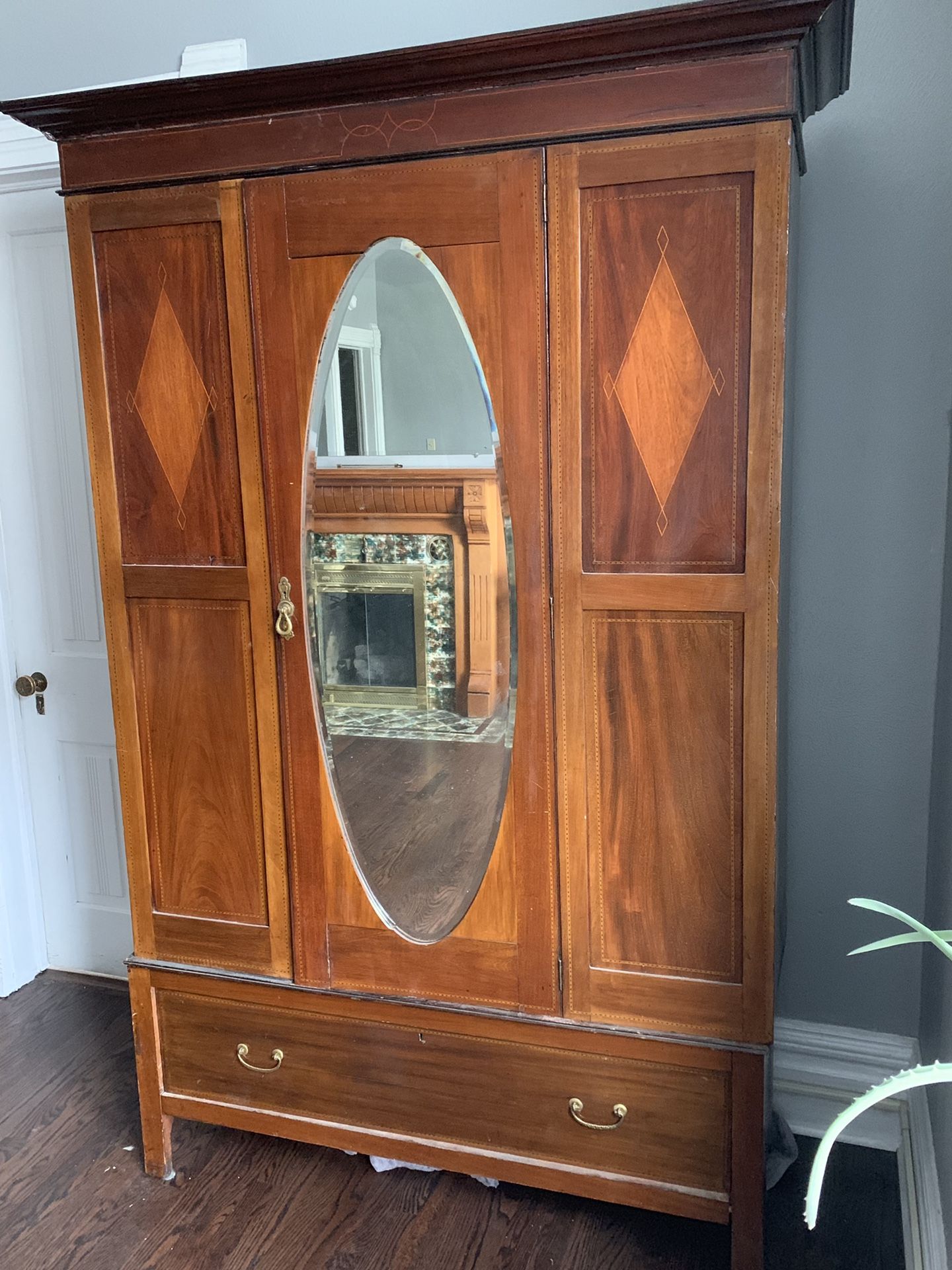 Beautiful Wood Inlayed Antique Armoire