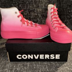 Size 5W. WORN ONCE Like New High Top Platform Hot Pink Converse