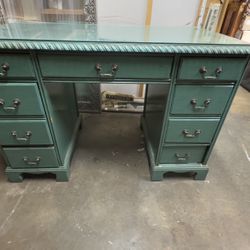 Emerald Green Vintage Desk With Bronze Handle / Office Desk