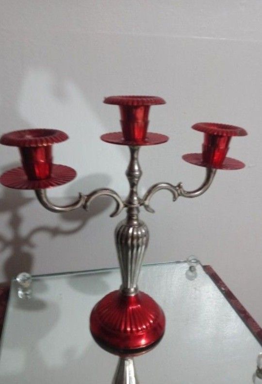 SILVER PLAT ED - RED ACCENTS CANDLESTICK / CANDELABRA 9"×9"