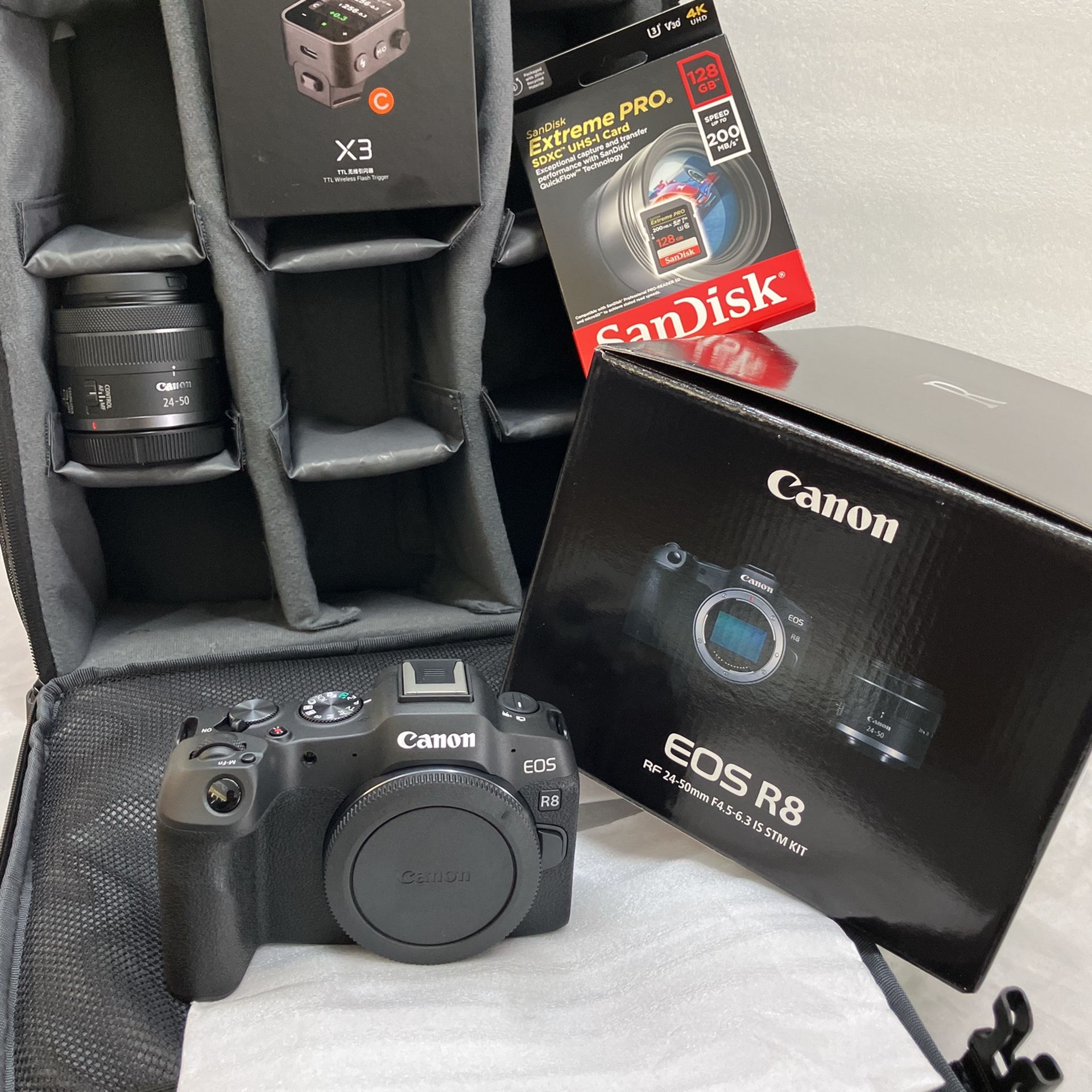 Canon R8 with RF 24 50mm Godox X3 SD Card And Padded Bag