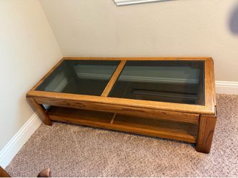 Golden oak and glass coffee table